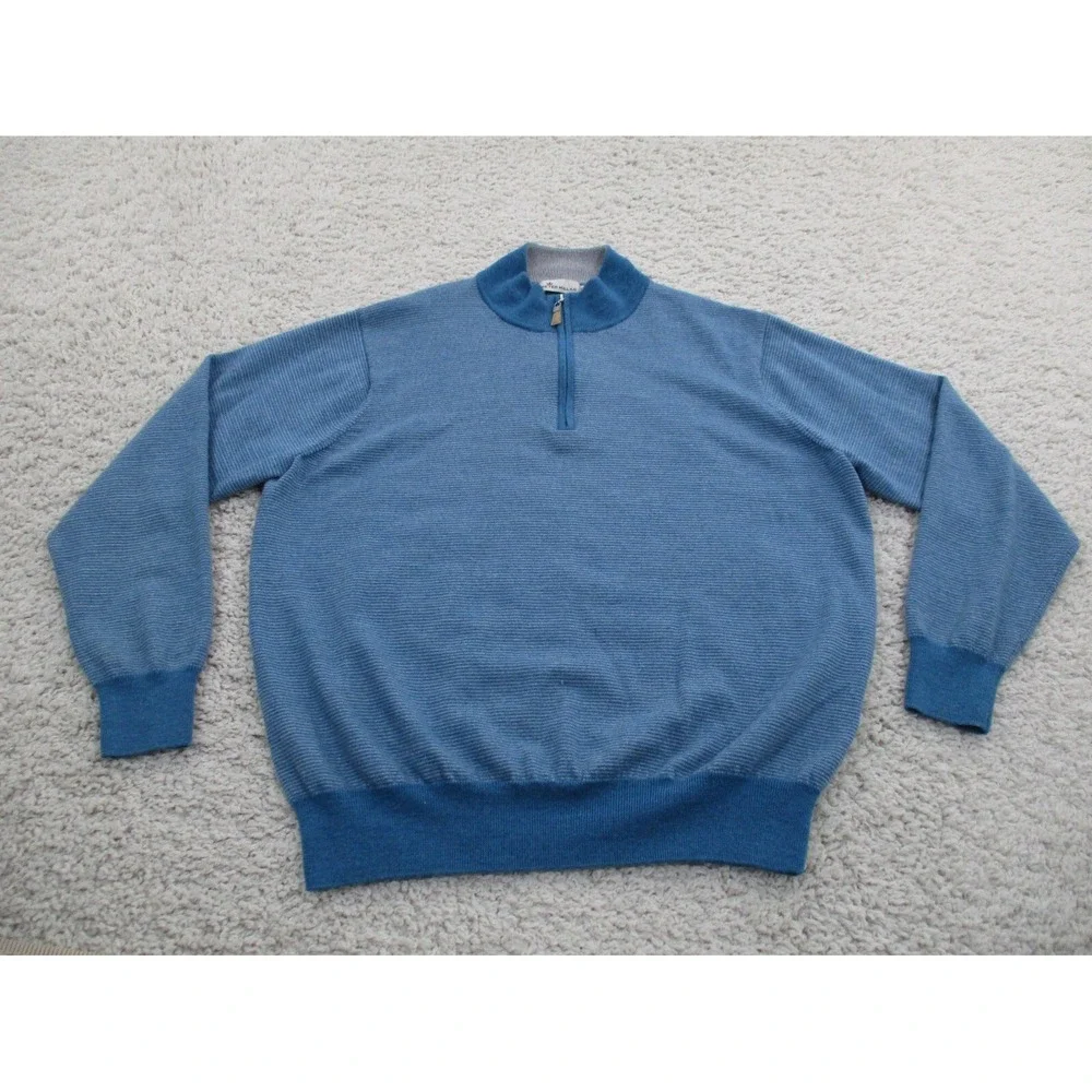 Peter Millar Sweater Mens Extra Large Blue 1/4 Zip 100% Merino Wool Hiking A2